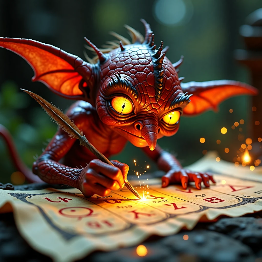 cinematic, dramatic ligthing, A tiny imp with crimson scales, long nose, bright yellow glowin eyes, and long, nimble fingers, carefully writing glowing runes on an ancient scroll with a quill made of phoenix feather. Magical sparks dance off the parchment as the runes light up. The shot is captured in a wide-angle with a low perspective, creating a dreamlike image.