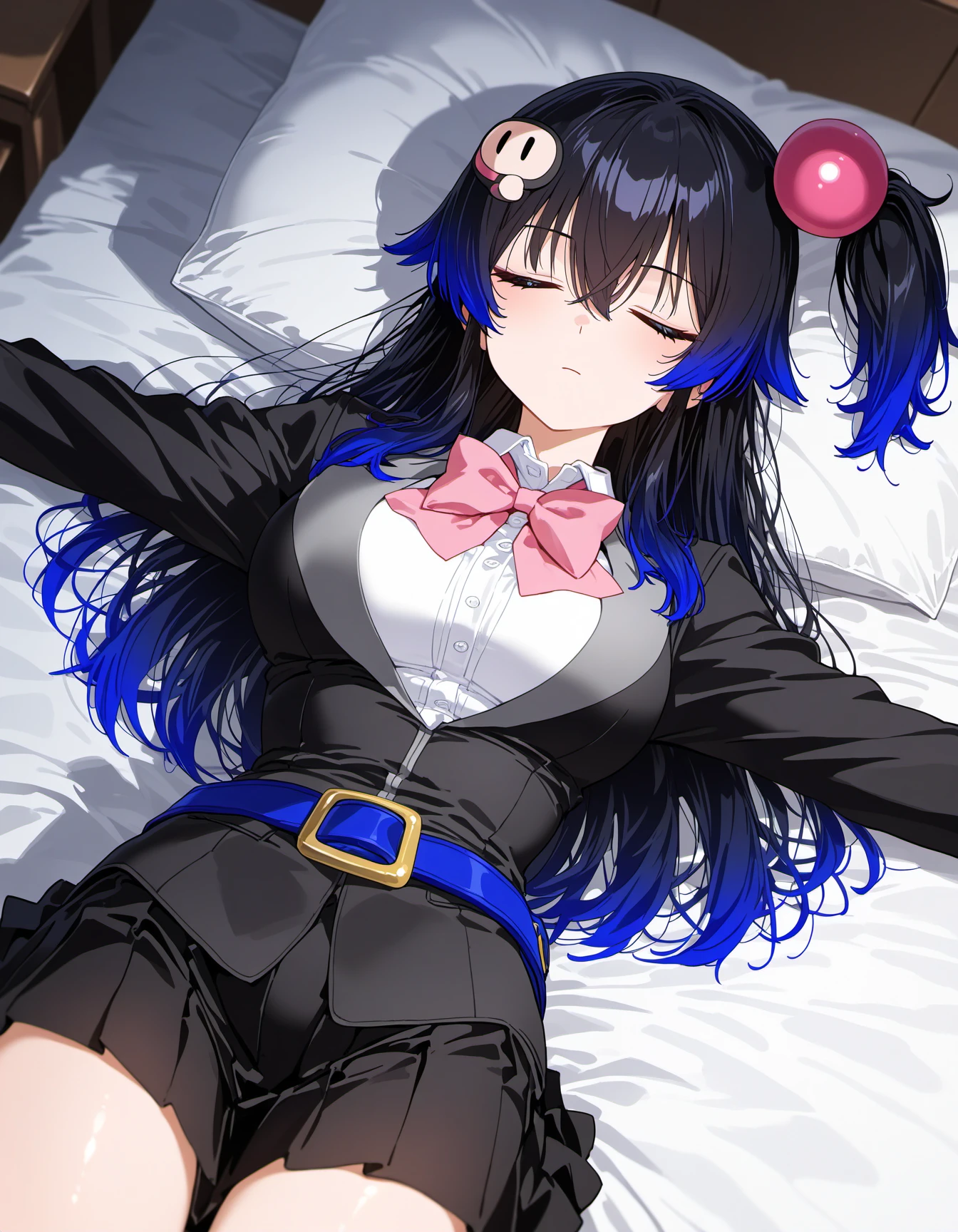 1girl, solo, kuroBG, black hair, gradient hair, long hair, one side up, hair ornament, hair bobbles, closed eyes, expressionless, school uniform, pink bowtie, black jacket, white shirt, black skirt, pleated skirt, blue belt, spread arms, lying on back, on bed, from above, dutch angle, indoors, bed room, sunlight, light theme, masterpiece, best quality, very aesthetic <lora:kuro_bg_illustrious_v1:0.9>