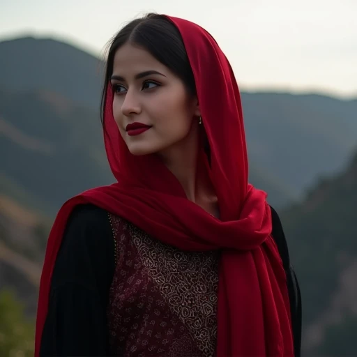 which casts a soft, mountainous landscape. The woman, abrafluxho is wearing a intricately patterned dress underneath a black, possibly a jilbab or abaya. She has a bright red headscarf draped over her head and shoulders, elegant updo., positioned centrally in the image, creating a striking contrast against the dark background. The woman, dark brown hair styled in a simple