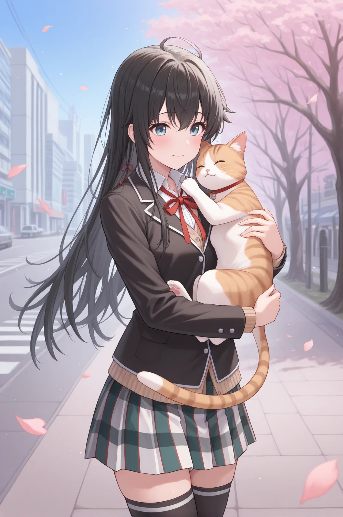 masterpiece, best quality, cowboy shot, smile, blush, happy, yno, small breasts, black hair, long hair, hair between eyes, blue eyes, hair ribbon, red ribbon, black jacket, brown cardigan, red neck ribbon, white collared shirt, plaid skirt, pleated skirt, black thighhighs brown loafers, holding cat, hug, outdoors, cherry blossoms, city, sidewalk, falling leaves, <lora:Hoseki_Oregairu_YukinoYukinoshita_IllustriousXL_v1:1>