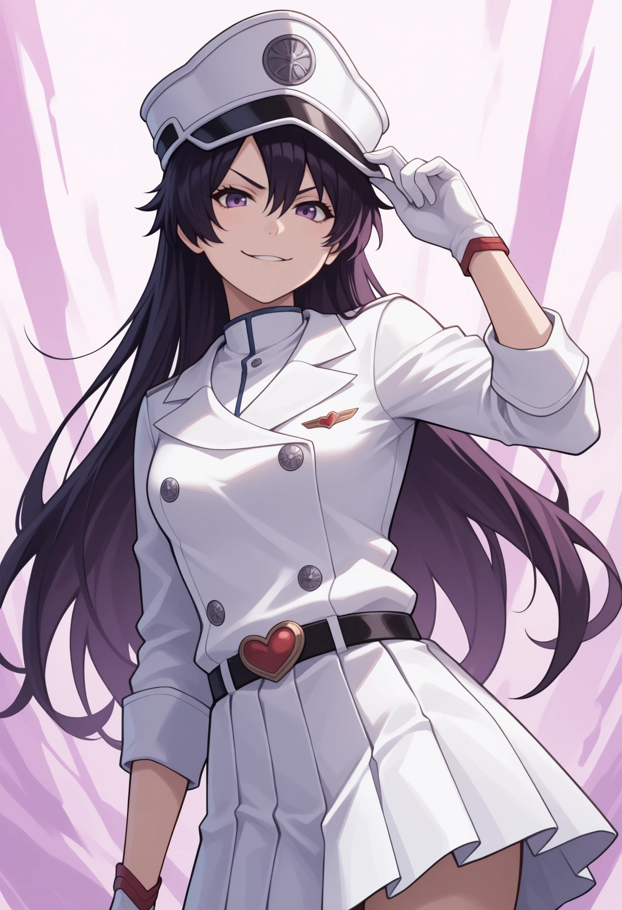 masterpiece, best quality, <break> cowboy shot, solo, 1girl, bstrbn, smirk, looking at viewer, standing, hand on headwear, hand up, long hair, black hair, hair between eyes, white headwear, peaked cap, purple eyes, military uniform, white jacket, military jacket, buttons, long sleeves, white shirt, white gloves, white skirt, pleated skirt, black belt, heart, abstract background
<segment:yolo-Anzhc Face seg 640 v2 y8n.pt,0.4,0.5//cid=1>