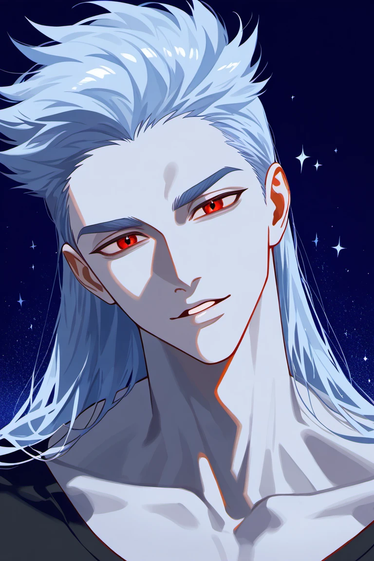 anime coloring, subsurface scattering, realistic shading, sparkle, close-up, beauty shot, male focus, hands with five fingers, looking at viewer, expressive face, head tilt, parted lips, BellionSDS, light blue_BellionSDS_long hair, red_BellionSDS_eyes, red_BellionSDS_chin mark, colored grey skin, collarbone, black shirt, 1boy, simple plain blue background, intricately detailed illustration, depth of field, best quality, amazing quality, very aesthetic, absurdres, newest