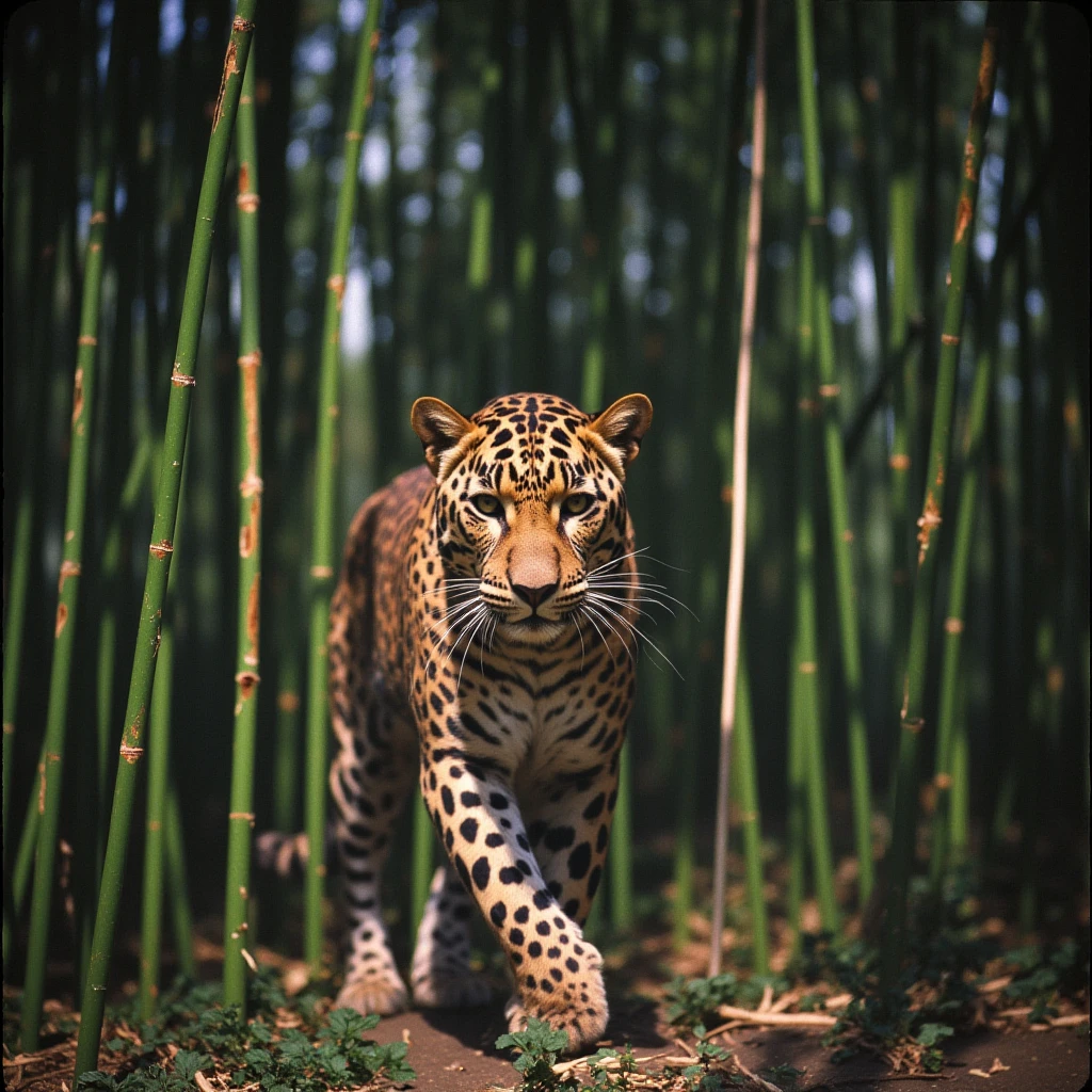 analog film photo of  <lora:Kodachrome v1:0.8>
In 1950's a cinematic Kodachrome Technicolor motion picture of a leopard is walking through a bamboo forest, perfect image, perfect body, perfect anatomy, sharp image, detailed image, Kodak film style, high quality photography, Kodachrome style, Technicolor style, 1950's style, Technicolor Monopack style, 16mm, 8mm, Super 8 movie, 35mm movie style, film color style, cinematic photography style, analog photography style, cinematic film color style, deep color style, different character, different background, different picture, Eastman Kodak style, K-14 process style, Color slide style, film skin tone style, different color, blurry, no humans, blurry background, depth of field, animal, cat, animal focus, bamboo, whiskers, tiger, outdoors, photo background, looking at viewer, Kodachrome color style, faded film, desaturated, 35mm photo, grainy, vignette, vintage, Kodachrome, Lomography, stained, highly detailed, found footage