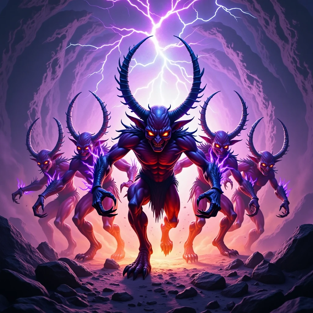 A photorealistic, front facing view, a group of imps in varying sizes and colors (purple, orange, and crimson), emerging from a swirling portal, wielding jagged weapons and crackling with chaotic energy, amazing contrasting vibrant colors, filled with diffused silver, purple, orange and blue glow light.The shot is captured in a wide-angle with a low perspective, creating a dreamlike image. Captured with a Canon EOS 5D Mark IV, 35mm lens, f/1.8.,impz,lilx,ipx