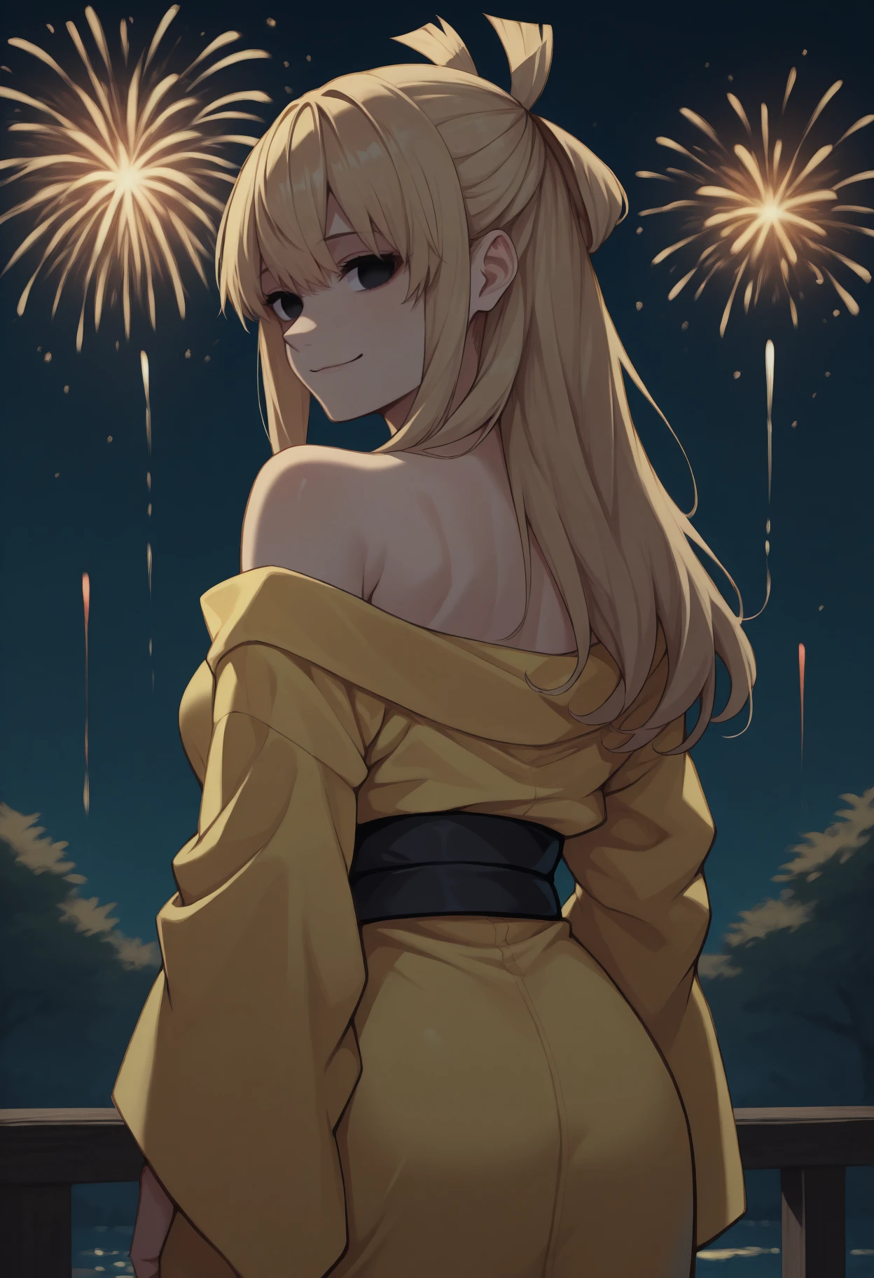 anime, masterpiece, best quality, <break> from behind, solo, 1girl, suzuk1ri, smile, looking back, long hair, blonde hair, black eyes, empty eyes, japanese clothes, yellow kimono, off shoulder, black sash, bare shoulders, outdoors, night, fireworks
<segment:yolo-Anzhc Face seg 640 v2 y8n.pt,0.4,0.5//cid=1>