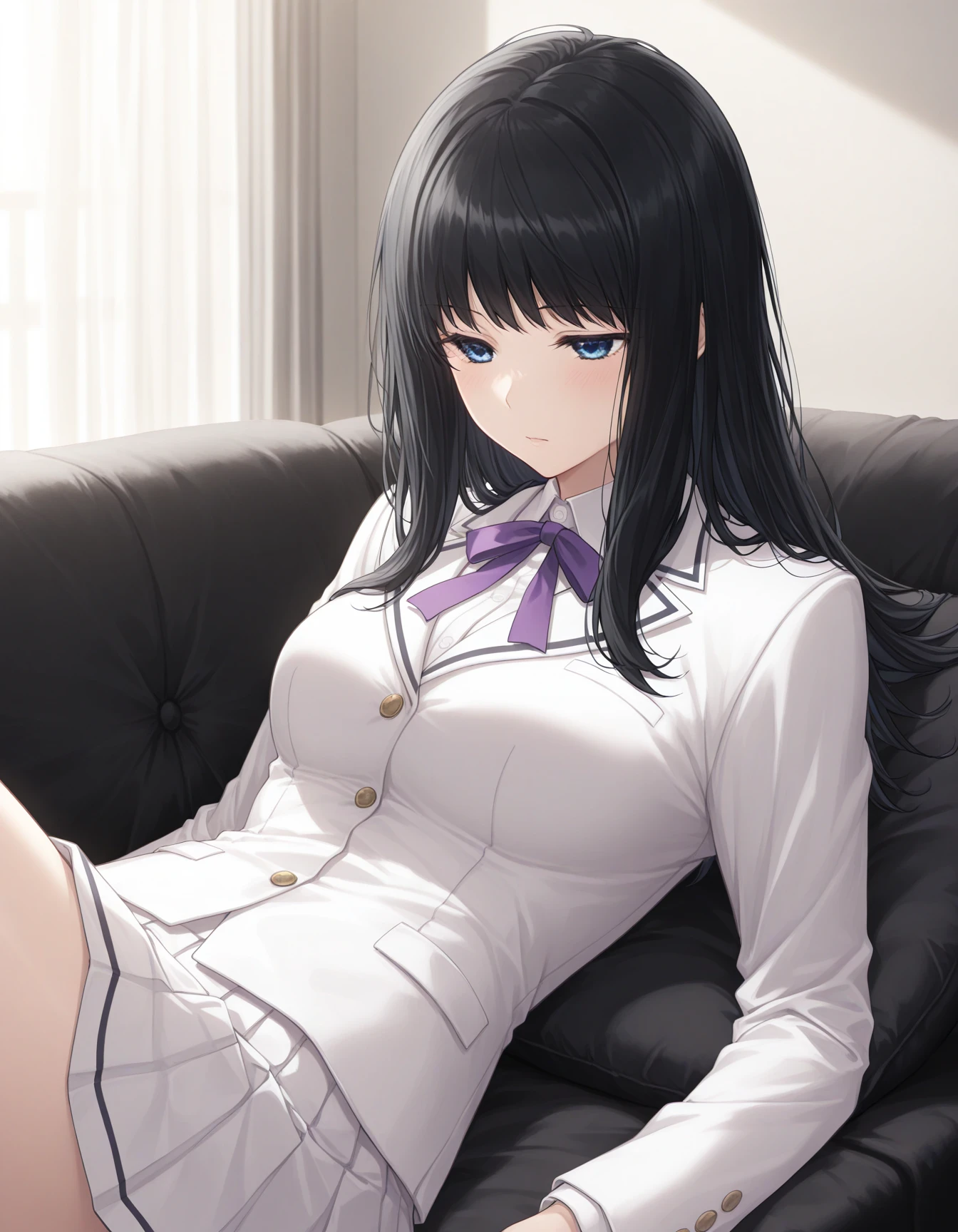 1girl, solo, kuchiki touko, black hair, long hair, blue eyes, medium breasts, school uniform, white clothing, blazer, purple ribbon, white skirt, pleated skirt, reclining, on sofa, black sofa, black cushion, forelighting, indoors, light theme, masterpiece, best quality, very aesthetic <lora:kuchiki_touko_illustrious_v1-1:0.7>