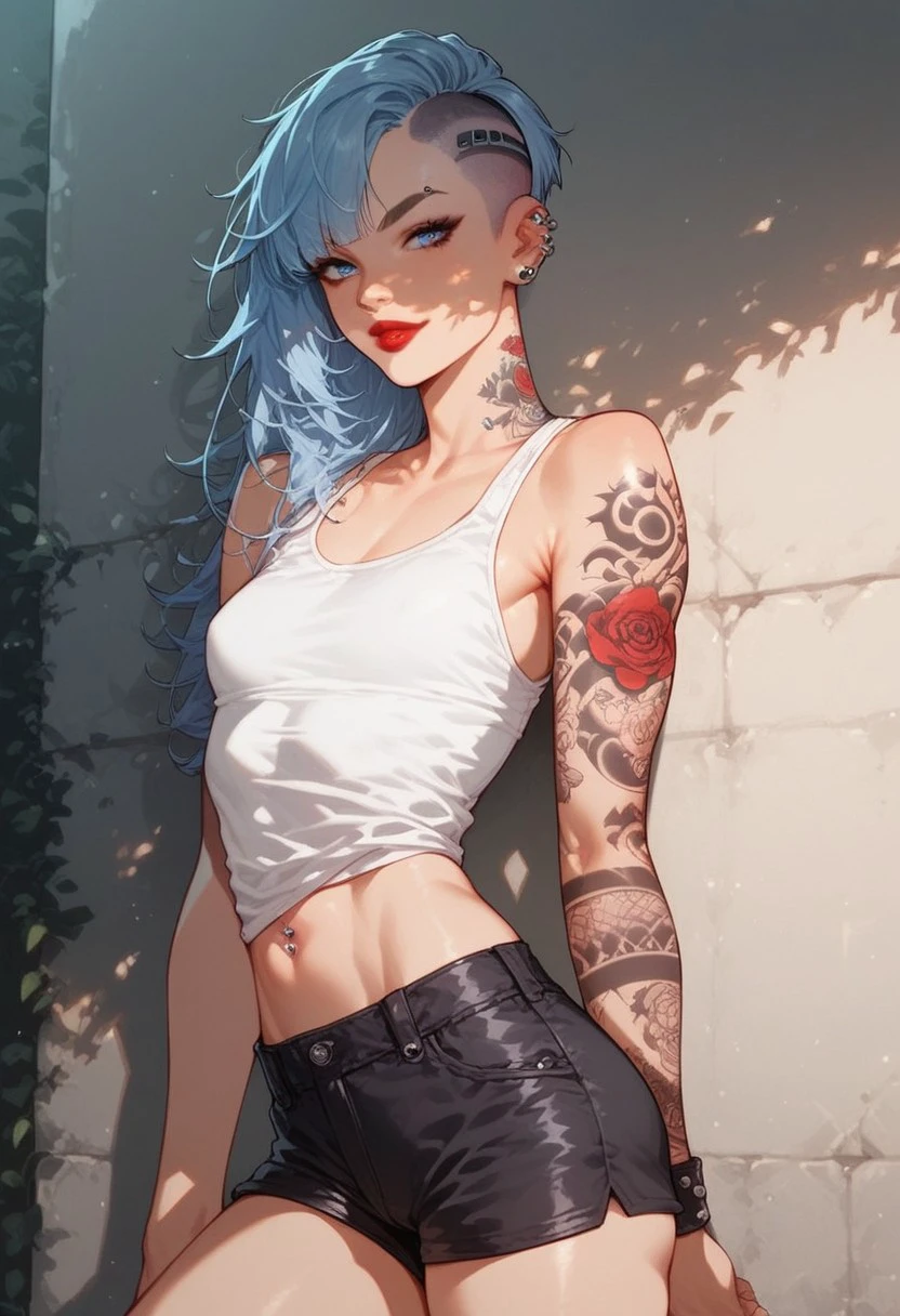 score_9, score_8_up, score_7_up, score_6_up, 1girl, Celeste, CelesreRH, 
 Long hair, side cut , light blue hair, black roots hair, purple colored hair tips, asymmetrical hair, blue eyes, piercings, red lipgloss, tattoos all over her body, small breasts, almost flat chest, fit, black shorts, white tank top, snickers, punk attire, leaning on wall, posing cute, posing sexy, portrait, (streetwear),  fit body, thin waists, cowboy shot, beautiful,