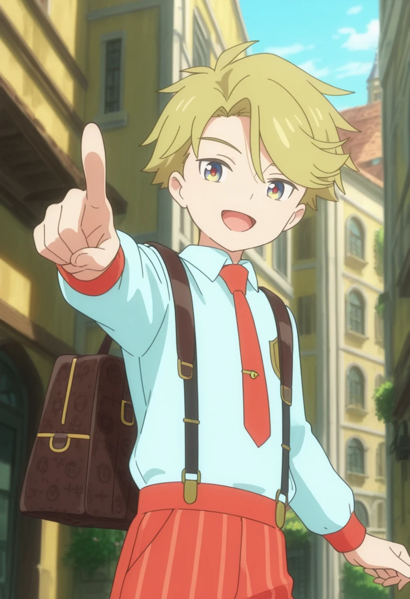 masterpiece, best quality,
 yuto, blonde hair, multicolored eyes, white shirt, solo, 1boy, shirt, necktie, bag, outdoors, male focus, day, pants, pointing, open mouth, collared shirt, suspenders, smile, building, short hair, orange pants, holding, orange necktie, :d, bangs, long sleeves, sky, striped pants, tongue