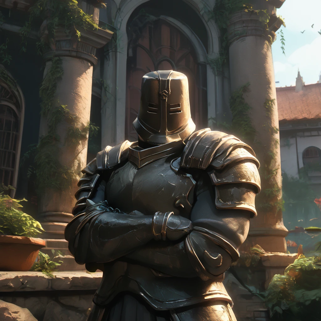 score_9, score_8_up, score_7_up, score_6_up, score_5_up, score_4_up, highres, incredibly absurdres, highly detailed, dim lighting, outdoors, ambiguous gender, solo, dsbit, helmet, black helmet, armor, black armor, breastplate, black breastplate, Pauldrons, black Pauldrons, Cuirass, black Cuirass, Gauntlets, black Gauntlets, tunic under armor, upper body, crossed arms <lora:Black_Iron_Tarkus_pony:0.6>