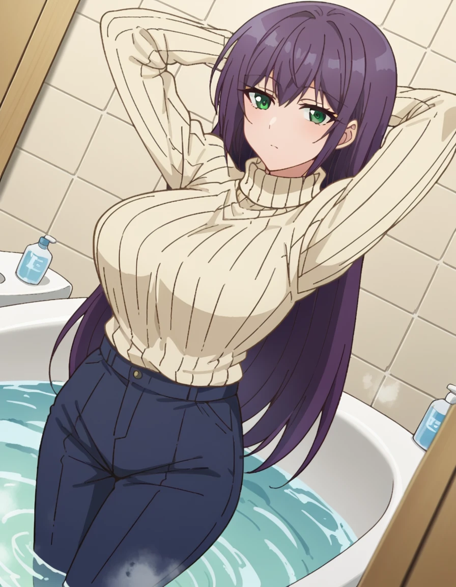 score_9, score_8_up, score_7_up, source_anime, <lora:yutaka-shinozaki-s1-ponyxl-lora-nochekaiser:1>, yutaka shinozaki, long hair, bangs, very long hair, green eyes, purple hair,, large breasts, mature female, long sleeves, pants, sweater, turtleneck, ribbed sweater, turtleneck sweater, blue pants, white sweater, bathtub, water, bubbles, steam, towel, , hands behind head,, looking at viewer, solo,, dutch angle, cowboy shot