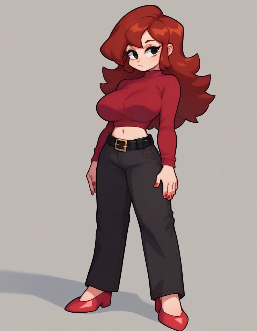 GirlEXE, 1girl, solo, long hair, large breasts, brown hair, shirt, long sleeves, standing, full body, red hair, shoes, midriff, belt, pants, nail polish, black eyes, sweater, crop top, grey pants, red footwear, red shirt, red nails, black belt, red hair, red top, and red shoes