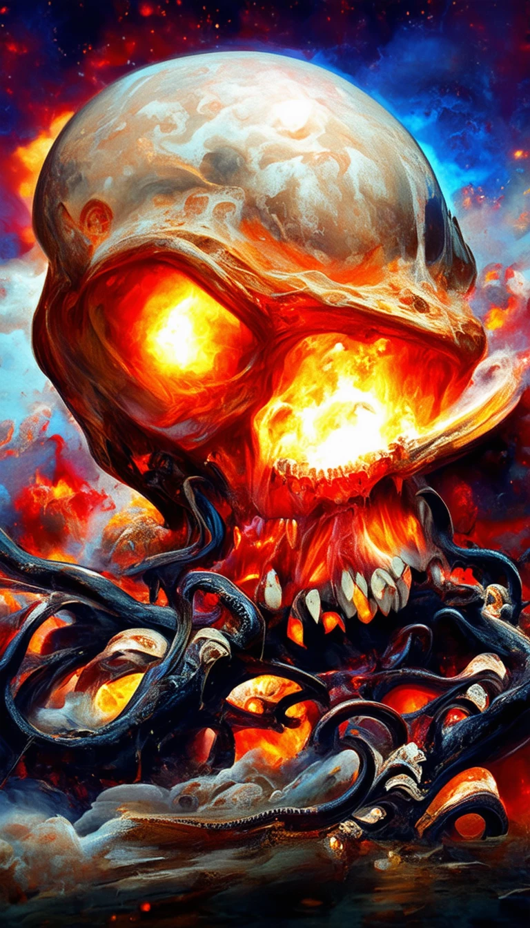 dscd_style cosmic horror nuclear explosions in the eye of jupiter,skull, octupus tentacles close-up, detailed, ultrarealistic