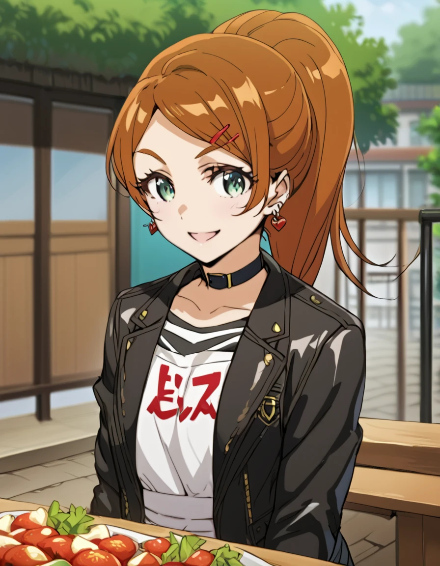 score_9, score_8_up, score_7_up, score_6_up, score_5_up, score_4_up, source_anime ,  <lora:edomaeelf:1>, happy, portrait,  kirara, green eyes, brown hair, ponytail, black jacket, leather jacket, leather, denim, choker, apron, jewelry, earrings, hair ornament, hairclip,