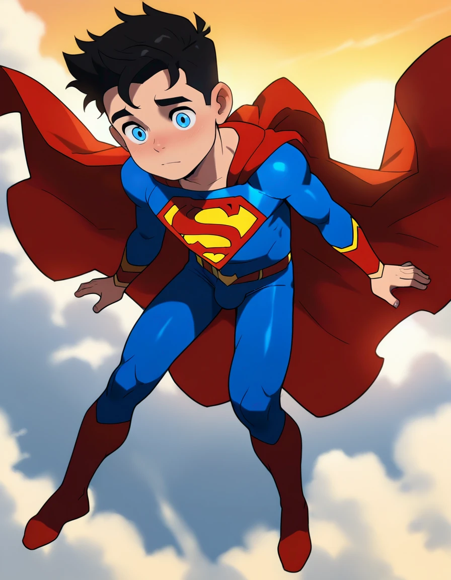 masterpiece, best quality, amazing quality, very aesthetic, absurdres, <lora:superboix:1> 1boy, male focus, superboix, male , young, black hair, blue eyes, solo, bodysuit, superhero, red cape, superman