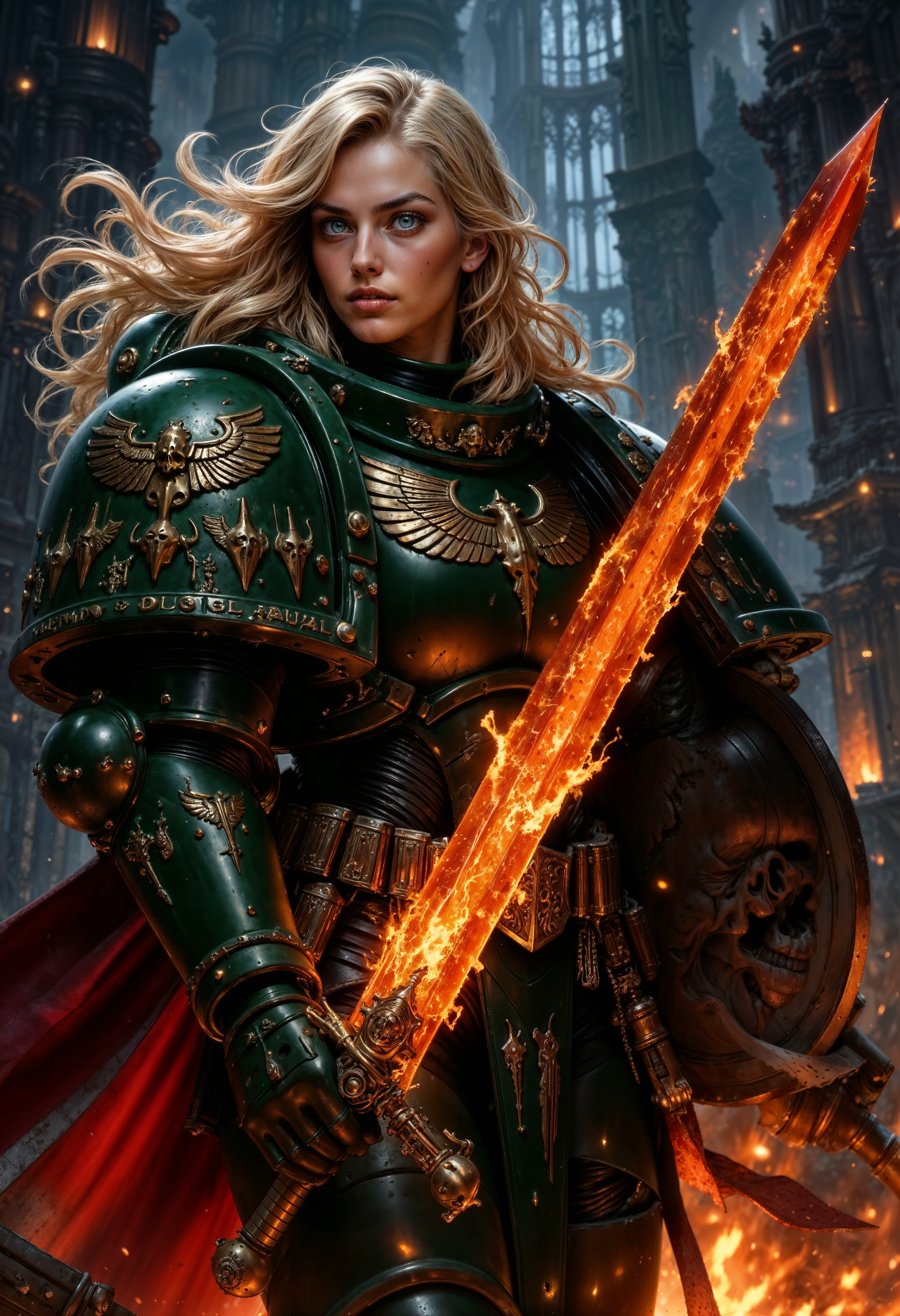 blonde female knight, wearing DarkA40k power armor, and holding a flaming sword <lora:FluxDarkA40k:0.8> <lora:FluxMythP0rtr4itStyle:0.7>