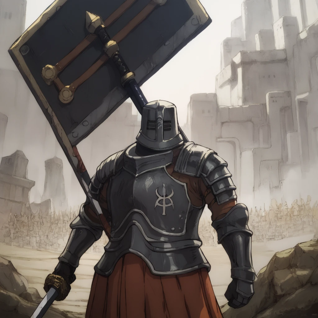 score_9, score_8_up, score_7_up, score_6_up, score_5_up, score_4_up, highres, incredibly absurdres, highly detailed, dim lighting, outdoors, ambiguous gender, solo, dsbit, helmet, black helmet, armor, black armor, breastplate, black breastplate, Pauldrons, black Pauldrons, Cuirass, black Cuirass, Gauntlets, black Gauntlets, tunic under armor, sword, holding sword, shield, holding shield, <lora:Black_Iron_Tarkus_pony:0.6> <lora:One_Piece_Wano:1>