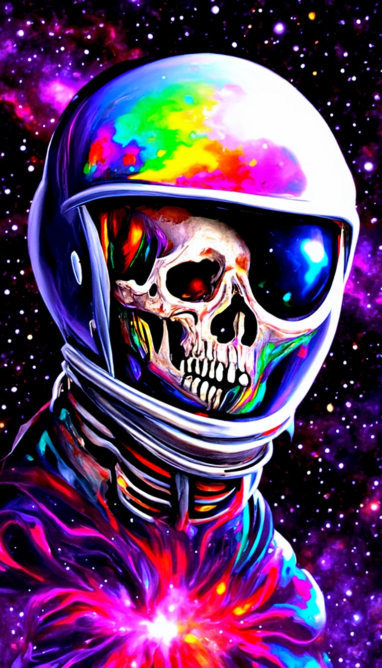 dscd_style a psychedelic cosmonaut skeleton melting tearing his suit off rainbow melting color scheme floating in the cosmos nebula glass space helmet Infront of an exploding spaceship