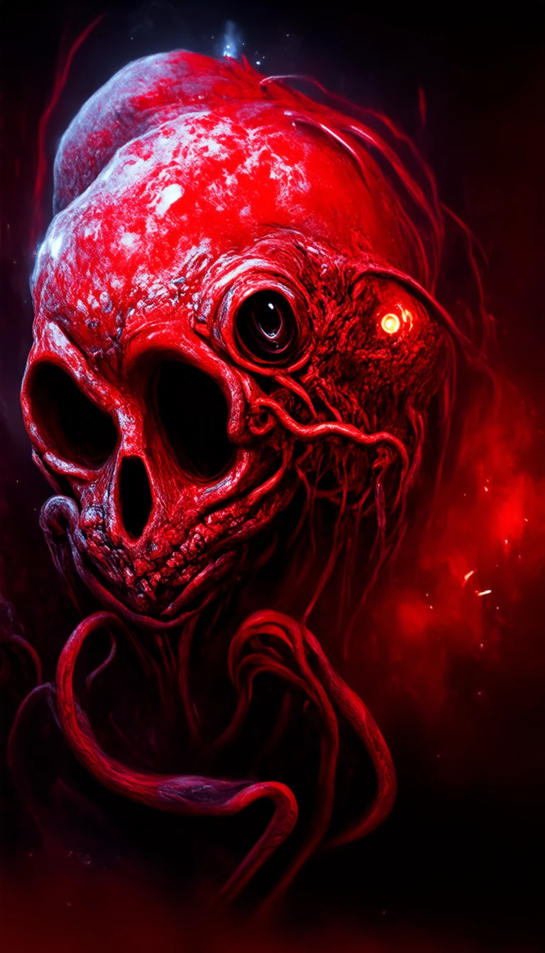 dscd_style only with red, a red lizardman iattacked by technology, red computers wires, in a red laboratory, dorohedoro vibes, highly quality, highly detailed, masterpiece, red light, artstation, 4 k cosmic horror nuclear explosions in the eye of jupiter,skull, octupus tentacles close-up, detailed, ultrarealistic