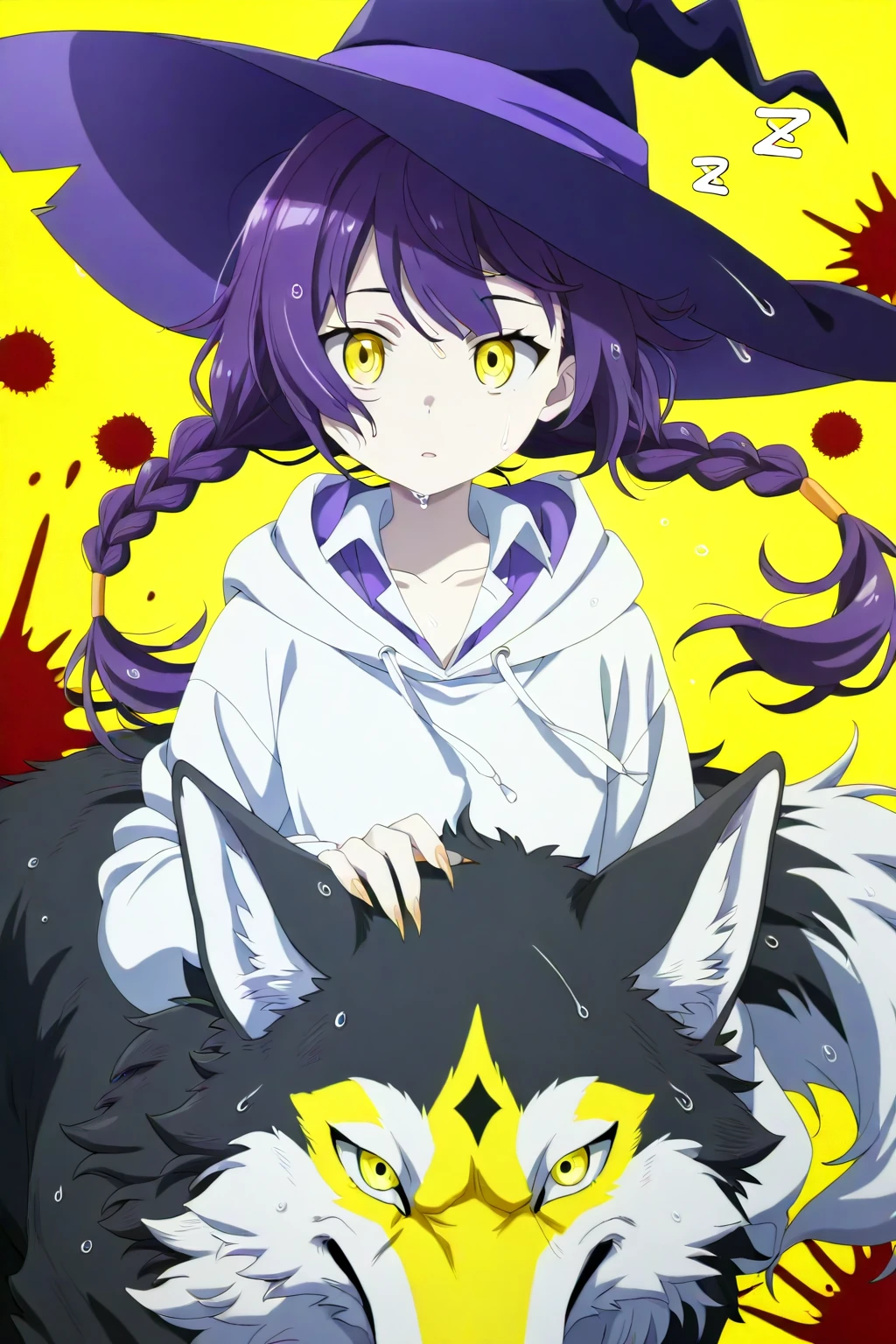 1girl, blood, blood splatter, braid, collarbone, looking at viewer, pale skin, purple hair, sharp fingernails, twintails, wet, white hoodie, wing collar, witch hat, yellow eyes, wind, wolf, yellow background, zzz, yellow skin
, anime screencap,