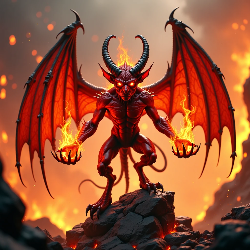 A photorealistic, front facing view, A red imp with jagged horns, fiery glowing eyes, and sharp claws, standing on a jagged rock in a volcanic landscape, summoning chaotic flames with its hands. its scales and wings look infused with magic, in a real of fire, amazing contrasting vibrant colors, filled with diffused orange, red and yellow glow light.The shot is captured in a wide-angle with a low perspective, creating a dreamlike image. Captured with a Canon EOS 5D Mark IV, 35mm lens, f/1.8.,impz,lilx,ipx