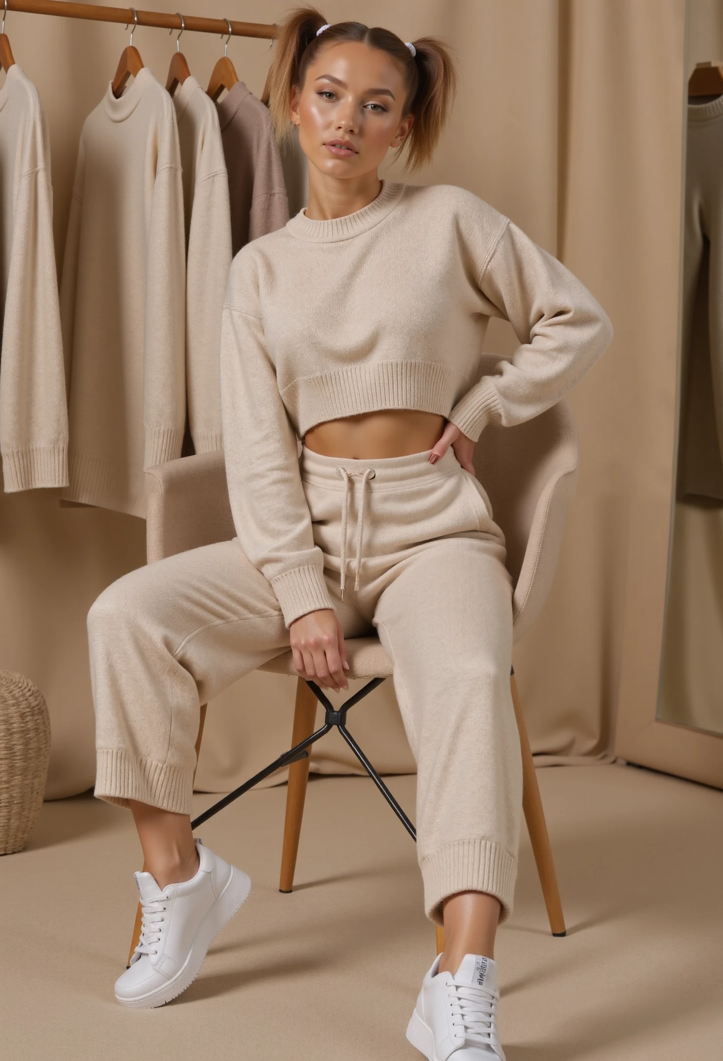 beautiful young woman, short two ponytails, large round breasts, clo021, woman wearing a cozy beige cropped knit sweater, wide-leg lounge pants, modern styled white sneakers, sitting on a chair and posing in a clothing shop