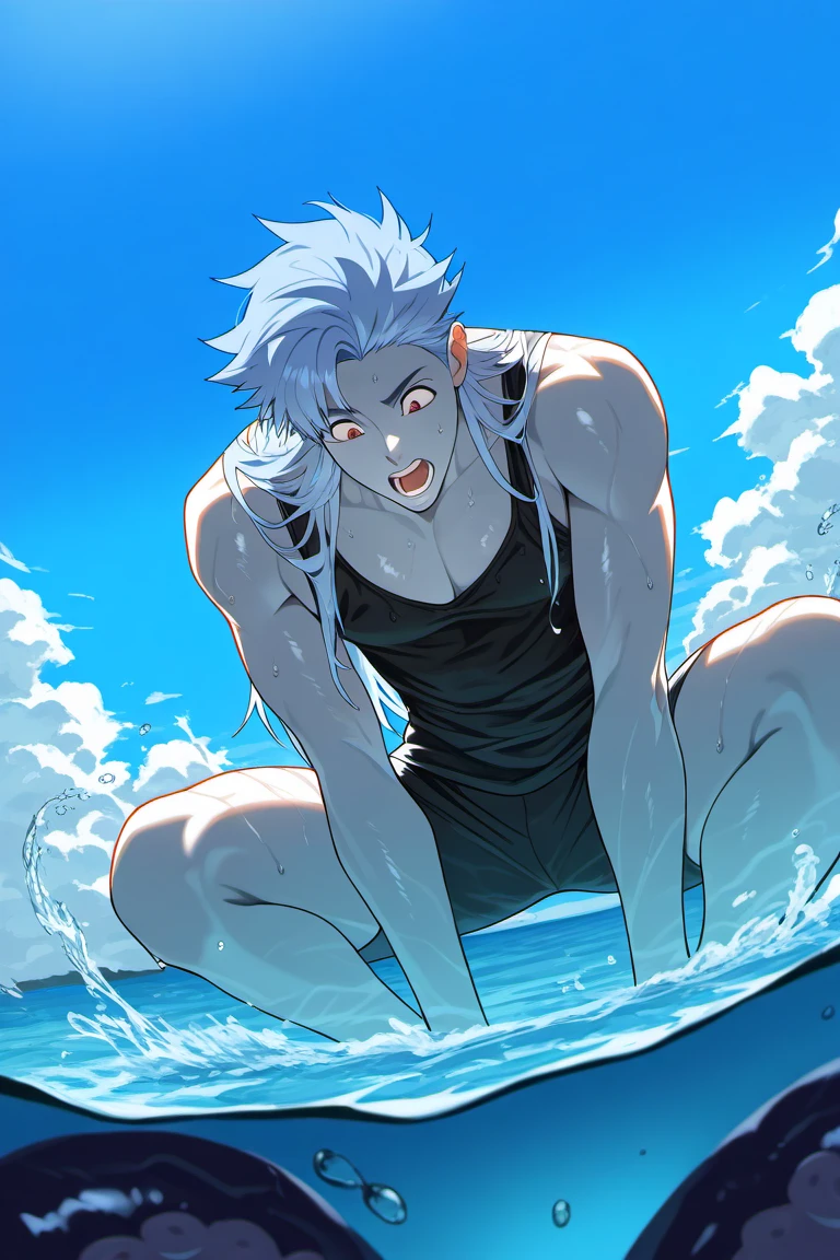 anime coloring, subsurface scattering, realistic shading, day, natural lighting, summer theme, water, water droplet, water splash, tentacles, ocean horizon, male focus, leaning forward, squatting, looking down, open mouth, surprised, expressive face, BellionSDS, light blue_BellionSDS_long hair, red_BellionSDS_eyes, colored grey skin, summer clothes, wet clothes, black tank top, 1boy, blurry outdoors, scenery, from below, dutch angle, intricately detailed illustration, masterpiece,best quality,amazing quality,very aesthetic,absurdres,newest