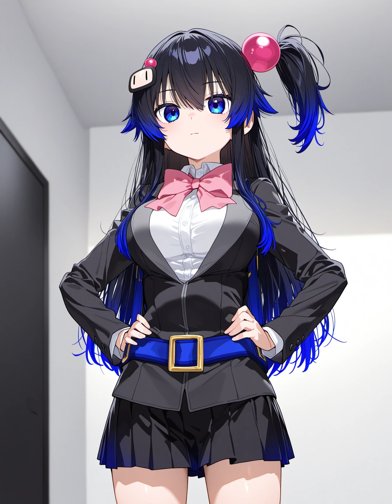 1girl, solo, kuroBG, black hair, gradient hair, long hair, one side up, hair ornament, hair bobbles, blue eyes, expressionless, school uniform, pink bowtie, black jacket, white shirt, black skirt, pleated skirt, blue belt, hands on hip, cowboy shot, detailed background, indoors, living room, light theme, masterpiece, best quality, very aesthetic <lora:kuro_bg_illustrious_v1:0.9>