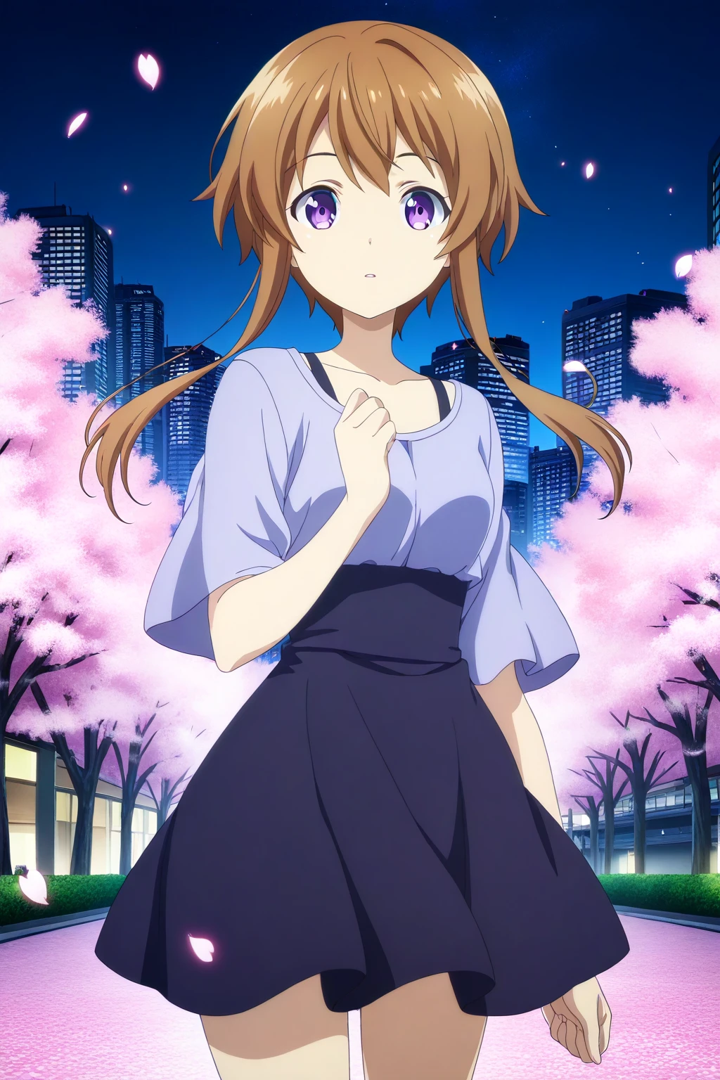 1girl, brown hair, city, cowboy shot, night, purple eyes, short hair with long locks, solo, spring \(season\), transparent background
, anime screencap,