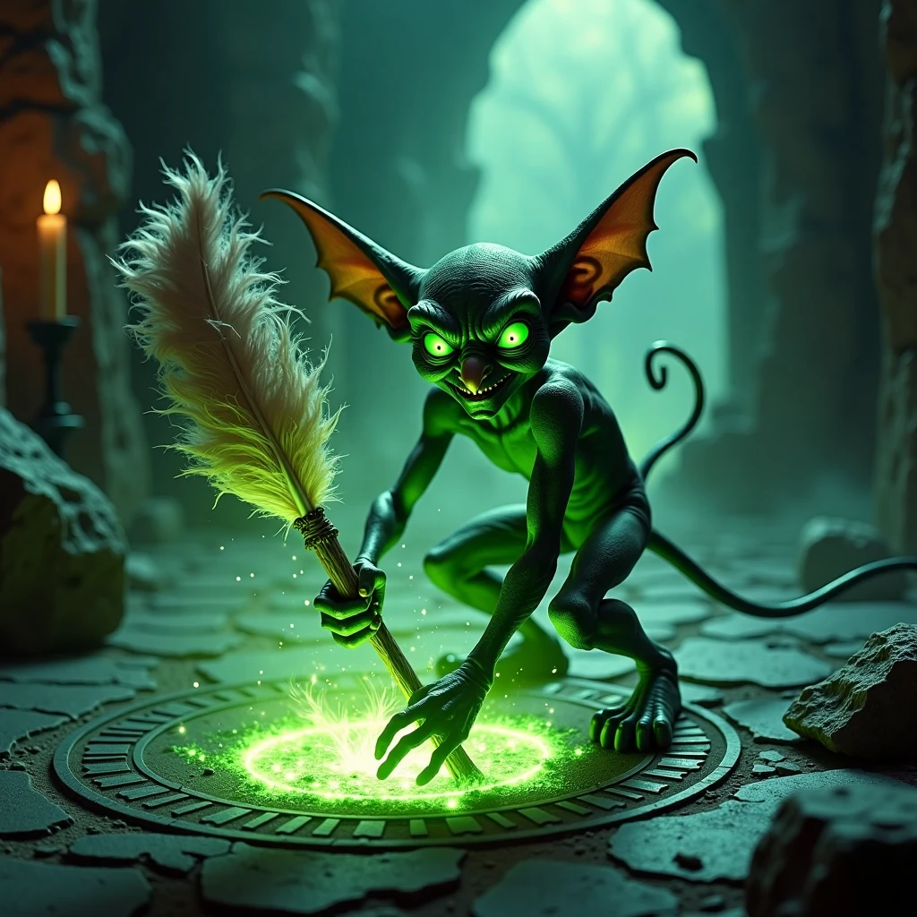 cinematic, dramatic ligthing, a glowing green infused imp with large floppy ears, long nose and glowing green eyes, evil smirk, holding a feather duster enchanted to sparkle as it moves, sweeping away ash from a summoning circle etched into the stone floor of a dungeon.. The shot is captured in a wide-angle with a low perspective, creating a dreamlike image.