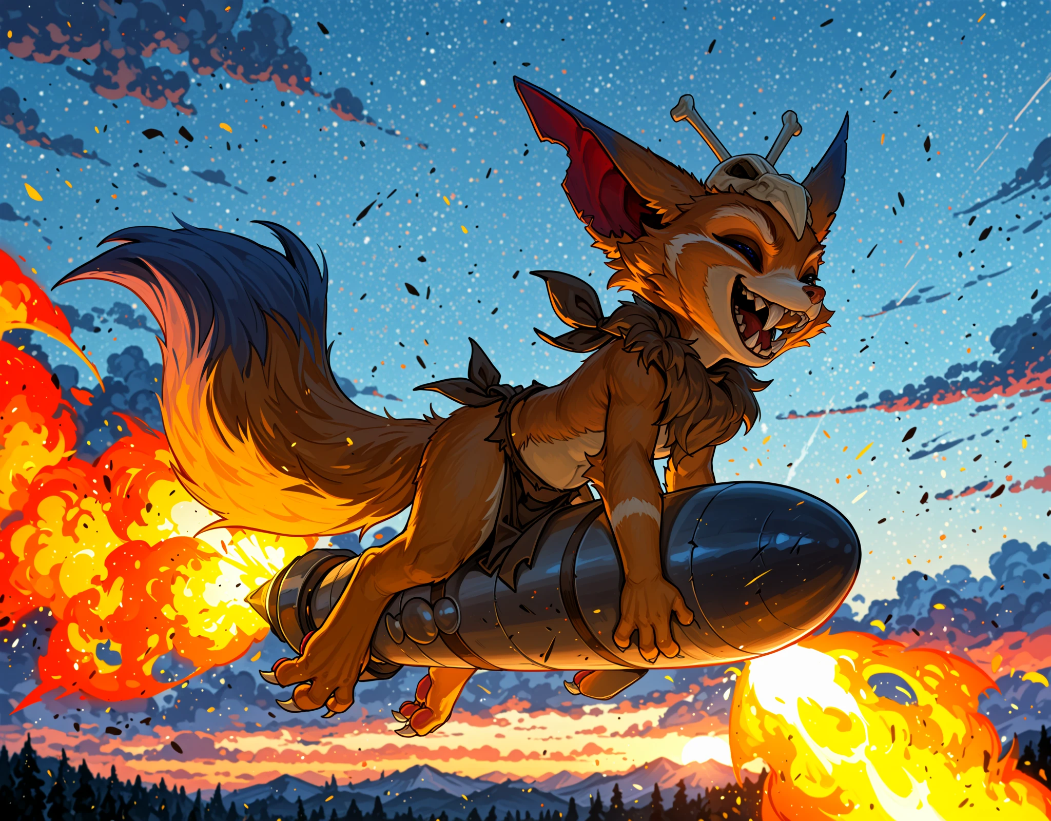 <lora:GnarXLIllustrious-000060:1> Gnar, yordle, fangs, 3 toes, pawpads BREAK
loincloth BREAK
outdoors BREAK
riding a missile, missile, laughing maniacally, sky, clouds, fire blast , BREAK
<lora:spo_sdxl_10ep_4k-data_lora_webui:1> highly detailed, detailed background, absurdres, high resolution, 8K, highres, 4k, 2k, high detail BREAK
masterpiece, best quality, amazing quality, very aesthetic, absurdres,  newest, sceneryâââ