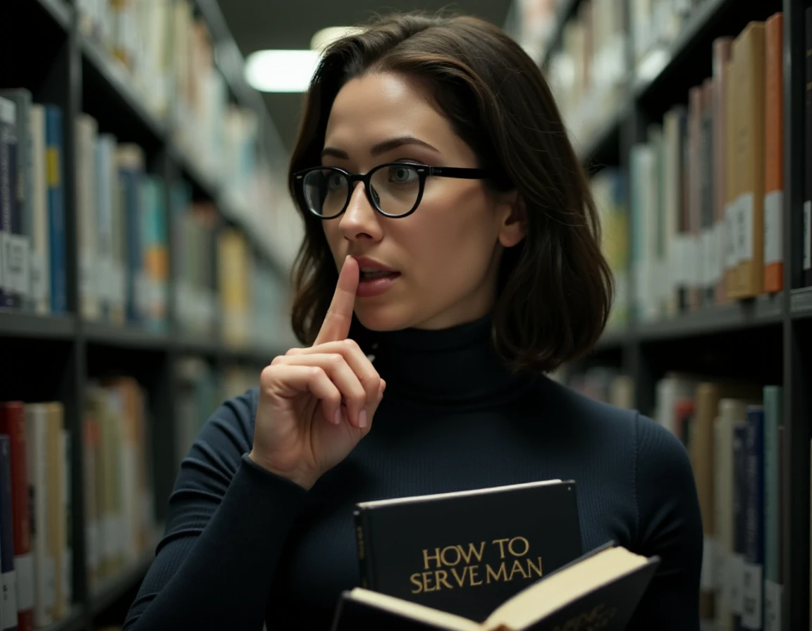 iphone photo of woman as a librarian wearing large wireframe glasses and a turtleneck shirt with a pencil skirt. She is holding a book with one of her fingers over her closed lips. Highly detailed with bokeh and stark flourescent lighting<lora:Person_NicThePixie-Nichameleon-FLUX:1>  (text on the book says HOW TO SERVE MAN)