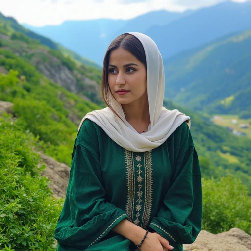 abrafluxho is positioned in the center of the frame. The woman has a light brown complexion and is wearing a white headscarf, This photograph captures a young woman sitting in a lush, with a fair complexion and long, mountainous landscape. The woman, a long, rich green outfit adorned with intricate, shoulder-length dark brown hair, with a black hijab draped over her head and shoulders.