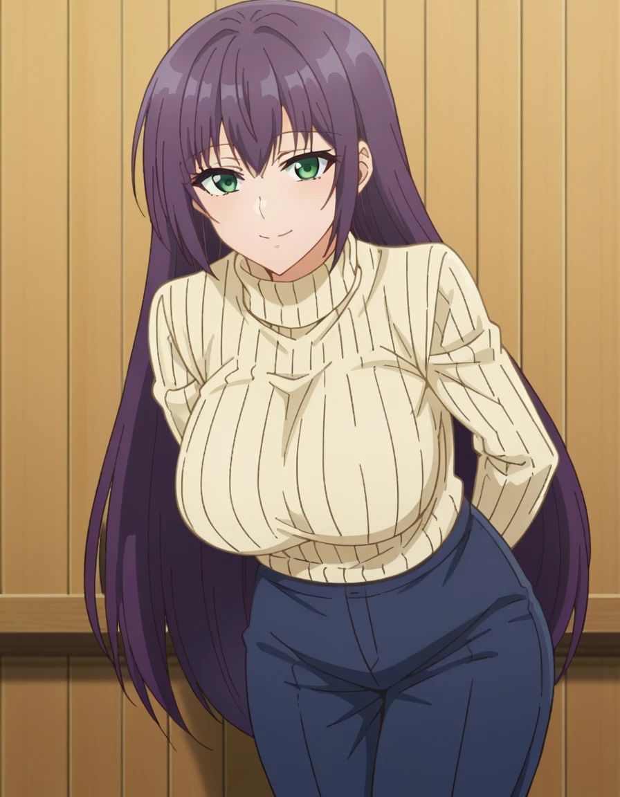 score_9, score_8_up, score_7_up, source_anime, <lora:yutaka-shinozaki-s1-ponyxl-lora-nochekaiser:1>, yutaka shinozaki, long hair, bangs, very long hair, green eyes, purple hair,, large breasts, mature female, long sleeves, pants, sweater, turtleneck, ribbed sweater, turtleneck sweater, blue pants, white sweater, wooden bridge, planks, rustic, crossing, narrow, smile, hands behind back, bent over,, looking at viewer, solo,, dutch angle, cowboy shot