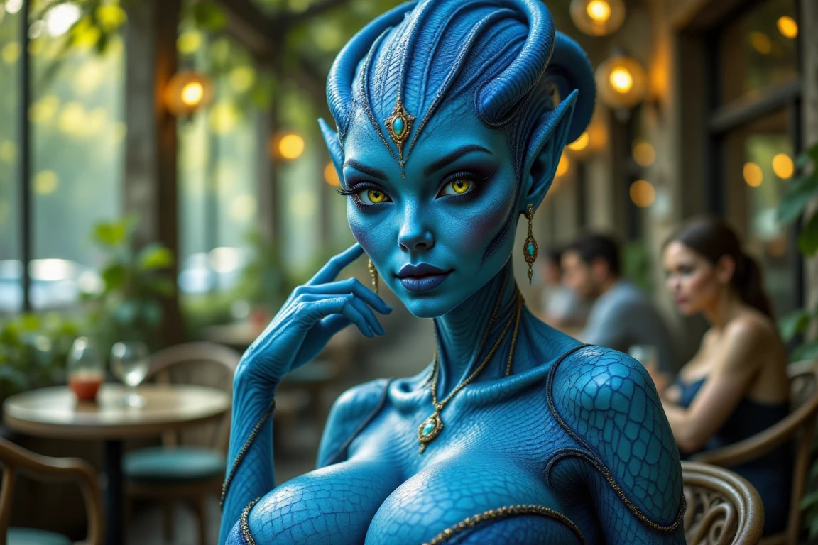 Alien Women with blue scaly skin. cgucci dress, sitting, cafe, big boobs,big breasts,Alien Woman