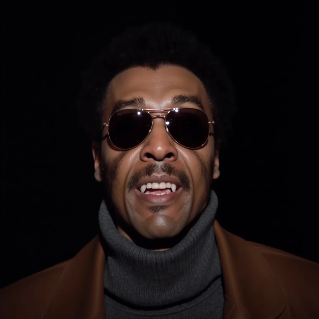 UHD, 4k, ultra detailed, cinematic, a photograph of  <lora:blaxploitation blacula v1:0.9>
A 1972 American blaxploitation horror film image of a shocked man3 wearing sunglasses and a turtle neck sweater, solo, simple background, 1boy, male focus, parted lips, dark skin, sweater, turtleneck, facial hair, sunglasses, dark-skinned male, black background, portrait, turtleneck sweater, realistic, realistic, realism, photorealism, hyperrealism, hyperrealistic, realistic, sharp, detailed, cinematography style, film light style, movie still, professional photography, artistic, perfection, contrast, cinematic, filmic, high quality photo, 8k quality, colorful, photography style, different people, Blacula style, black hair, jacket, teeth, medium shot, epic, beautiful lighting, inpsiring