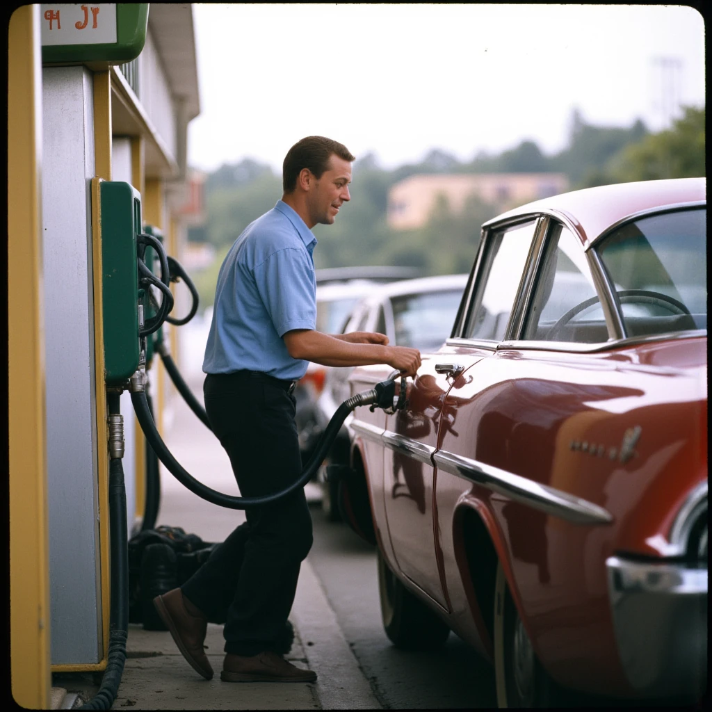 analog film photo of  <lora:Kodachrome v1:0.8>
In 1950's a cinematic Kodachrome Technicolor motion picture of a man filling up a car with a gas pump, perfect image, perfect body, perfect anatomy, sharp image, detailed image, Kodak film style, high quality photography, Kodachrome style, Technicolor style, 1950's style, Technicolor Monopack style, 16mm, 8mm, Super 8 movie, 35mm movie style, film color style, cinematic photography style, analog photography style, cinematic film color style, deep color style, different character, different background, different picture, Eastman Kodak style, K-14 process style, Color slide style, film skin tone style, different color, solo, short hair, shirt, brown hair, holding, short sleeves, outdoors, collared shirt, pants, day, blurry, blurry background, black pants, blue shirt, motor vehicle, car, road, photo background, open mouth, profile, ground vehicle, bag, from side, street, side view, warm skin color style:1, knee shot, from above, faded film, desaturated, 35mm photo, grainy, vignette, vintage, Kodachrome, Lomography, stained, highly detailed, found footage