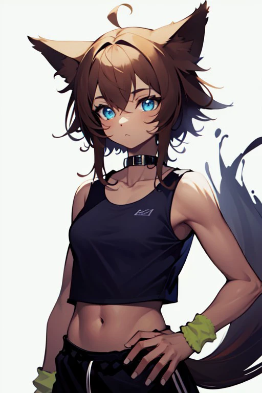 masterpiece, best quality, kobold, sweatband, crop top, animal collar, cowboy shot, tank top, blue eyes, collarbone
