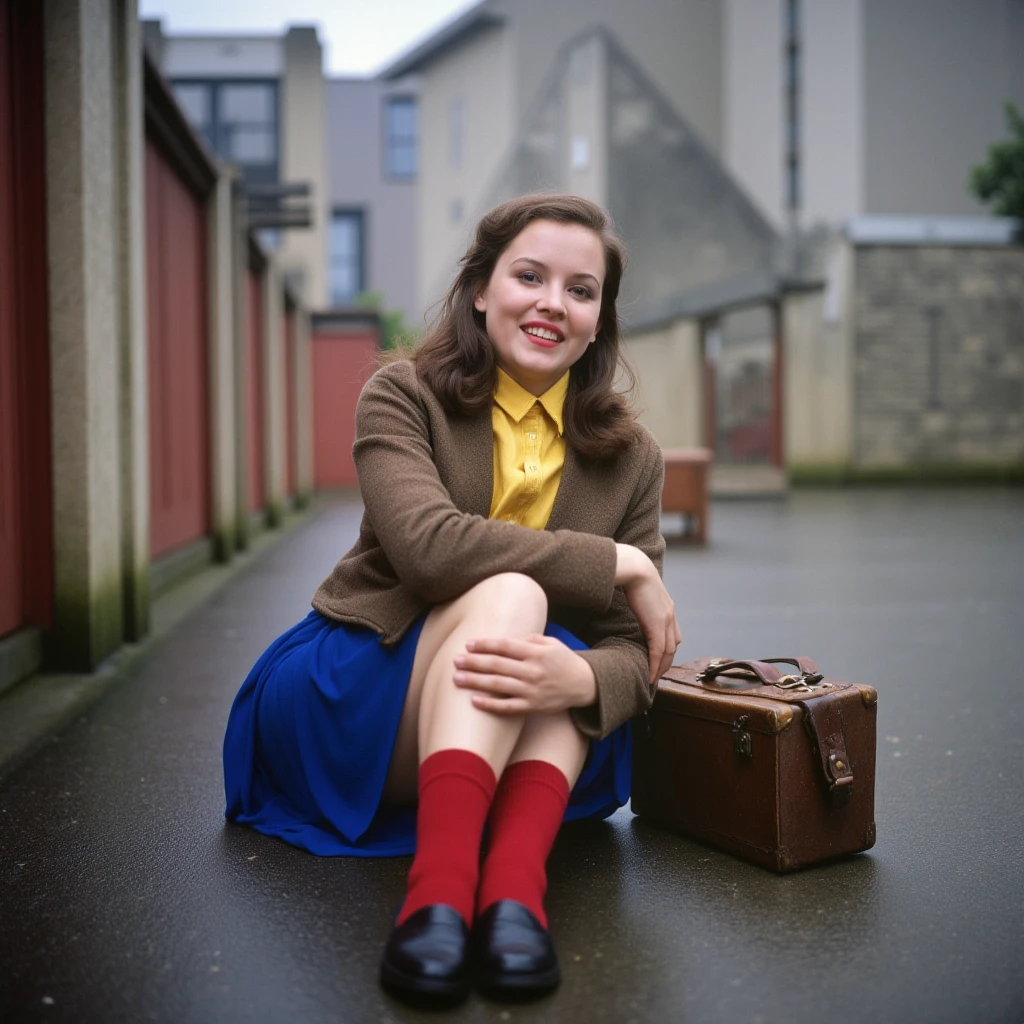 analog film photo of  <lora:Kodachrome v1:1>
In 1950's a cinematic Kodachrome Technicolor motion picture of a woman in brown jacket and blue pants and red socks and black shoes sitting on the ground next to a suitcase, perfect image, perfect body, perfect anatomy, sharp image, detailed image, Kodak film style, high quality photography, Kodachrome style, Technicolor style, 1950's style, Technicolor Monopack style, 16mm, 8mm, Super 8 movie, 35mm movie style, film color style, cinematic photography style, analog photography style, cinematic film color style, deep color style, different character, different background, different picture, Eastman Kodak style, K-14 process style, Color slide style, film skin tone style, different color, solo, looking at viewer, smile, shirt, skirt, brown hair, long sleeves, sitting, shoes, socks, bag, blue skirt, building, rain, yellow shirt, curly hair, hugging own legs, red socks, long hair, black hair, full body, black footwear, open mouth, brown eyes, pants, blue pants, ankle socks, Kodachrome color style:1, faded film, desaturated, 35mm photo, grainy, vignette, vintage, Kodachrome, Lomography, stained, highly detailed, found footage