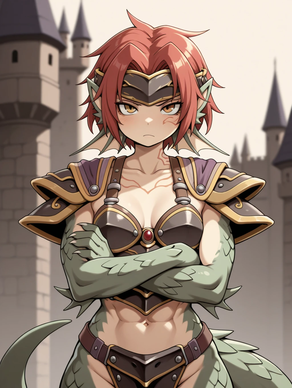 1girl, Granberia, (red hair), short hair, dragon girl, yellow eyes, (lizard tail), small breasts,monster girl, slit pupils, tattoo, claws, (scales), head fins, pointy ears, simple background, castle, abs, armor, shoulder armor, pauldrons, headband, cowboy shot, crossed arms,


masterpiece, best quality,amazing quality, very aesthetic, absurdres, depth of field, blurry background, dark, extremely detailed face, detailed eyes, dark colors, dynamic pose