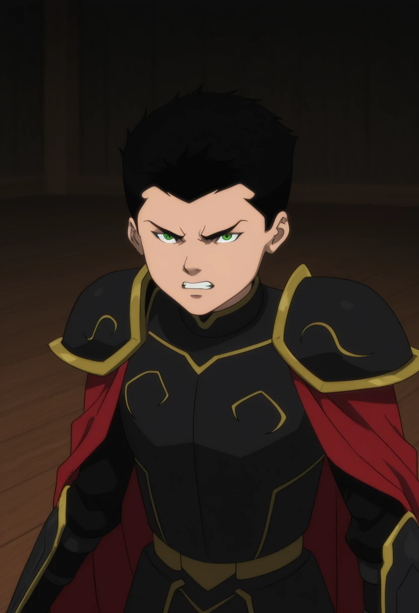 masterpiece, best quality,
damian wayne, black hair, green eyes, black armor, red cape, 1boy, solo, male focus, clenched teeth, teeth, armor, short hair, upper body, parody, shoulder armor