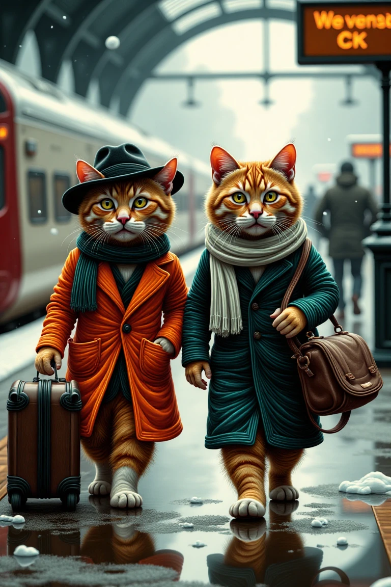 Two majestic cats, attired in UK-style winter attire, including a hat, beanie, and coat, stand proudly on the platform of a bustling train station. One cat holds a suitcase in its paws, while the other sports a scarf and bag, both blurred in the background as they walk into the frame. The snowy atmosphere is captured in photorealistic detail, with falling snowflakes gently descending around them. The depth of field creates a sense of intimacy, focusing attention on the charming felines.,noga