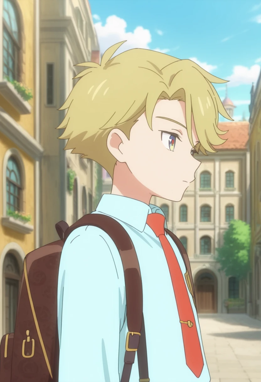 masterpiece, best quality,
 yuto, blonde hair, multicolored eyes, 1boy, male focus, necktie, backpack, solo, bag, shirt, orange necktie, outdoors, sky, day, building, upper body, cloud, blue shirt,collared shirt, short hair, blue sky