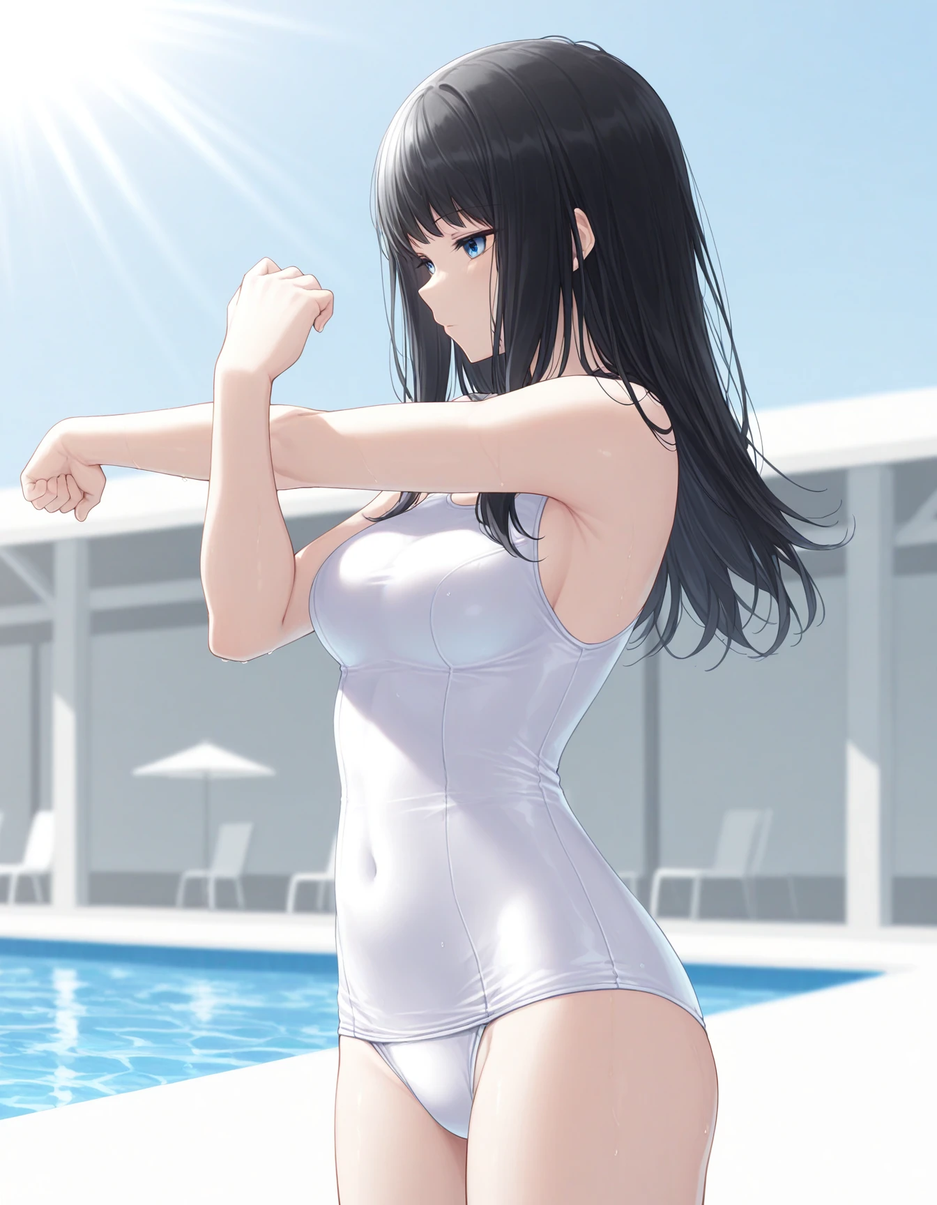 1girl, solo, kuchiki touko, black hair, long hair, blue eyes, medium breasts, white swimsuit, one-piece swimsuit, school swimsuit, stretching, cross-body stretch, looking away, cowboy shot, (from side:0.5), poolside, blue sky, depth of field, sunlight, light theme, masterpiece, best quality, very aesthetic <lora:kuchiki_touko_illustrious_v1-1:0.7>