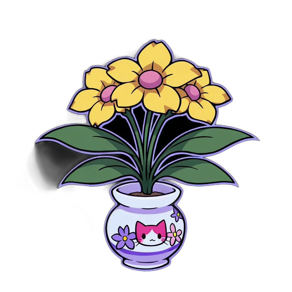 no humans,
no shadows, cartoon look, outline,
no humans,cute style, joyful atmosphere,
object, transparent background,
big flower vase with kitty design