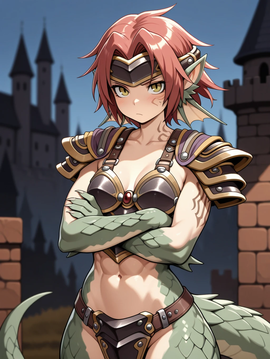 1girl, Granberia, (red hair), short hair, dragon girl, yellow eyes, (lizard tail), small breasts,monster girl, slit pupils, tattoo, claws, (scales), head fins, pointy ears, simple background, castle, abs, armor, shoulder armor, pauldrons, headband, cowboy shot, crossed arms,


masterpiece, best quality,amazing quality, very aesthetic, absurdres, depth of field, blurry background, dark, extremely detailed face, detailed eyes, dark colors, dynamic pose