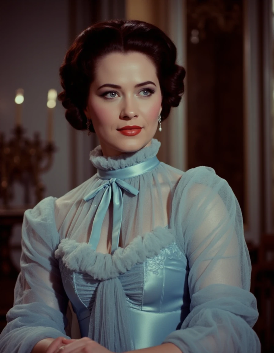 vintage 40s film screengrab from the king and i, beautiful woman wearing an austrian pale blue period turtleneck ballgown with tulle accents The scene is highly detailed with a sharp focus with a mood of romance and timeless elegance <lora:NicoFlux-000005:1> cinemascope, film grain