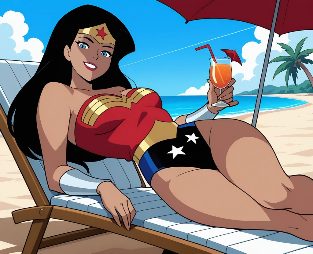 (masterpiece), (best quality), absurdres, highres, beach, scenery, water, sand, sky, clouds, palm tree, lying, beach chair, shade, shadow, holding drink, umbrella, <lora:Wonder_Woman_ILLUS:1> , jlww, 1girl, long hair, blue eyes, black hair, tiara, leotard, star print, vambraces, red lips, smile, looking at viewer, teeth,
