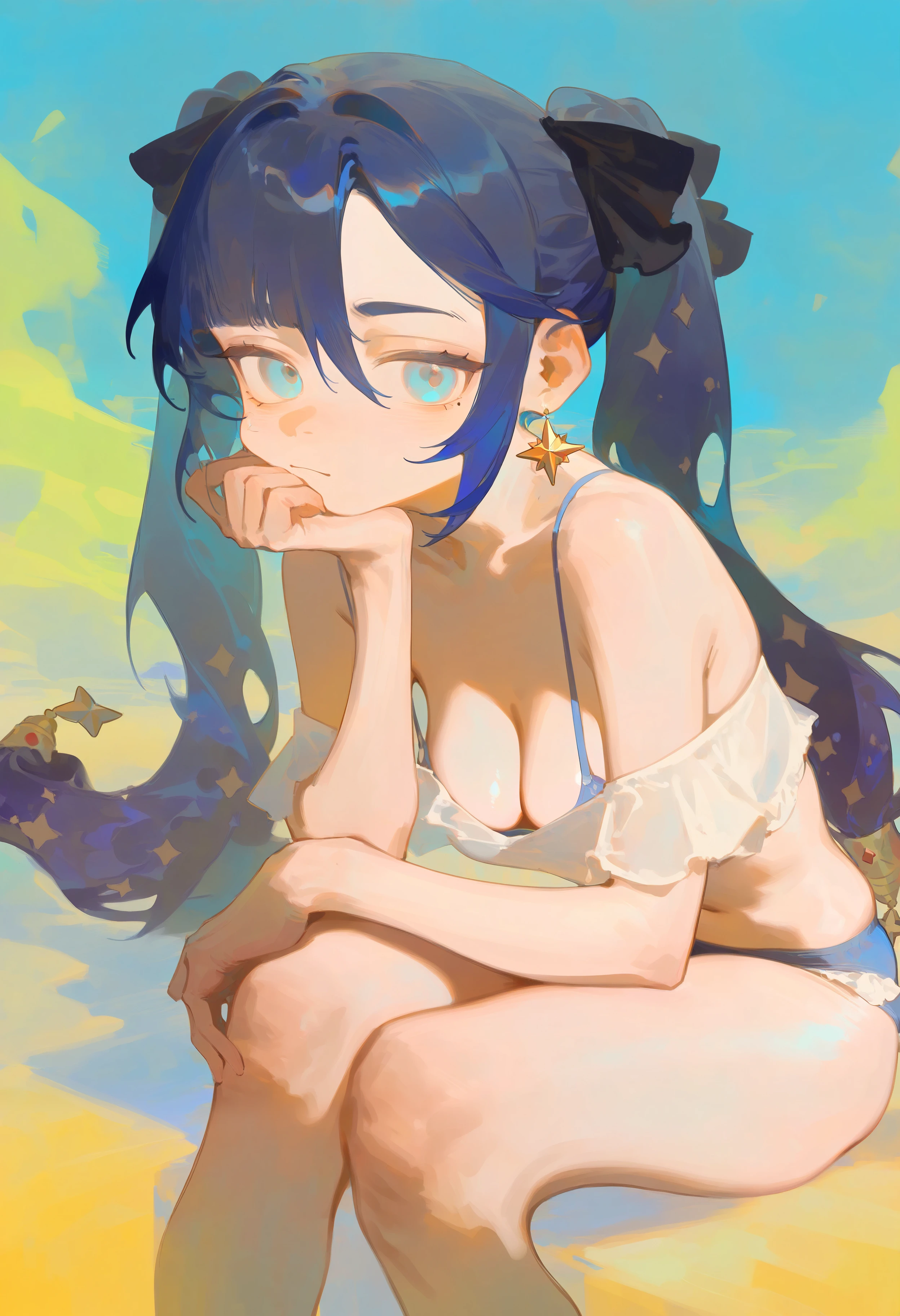 amazing quality, newest, absurdres, yotsuyu:0.5, uoganzhao:0.1,   1girl, solo, mona \(genshin impact\), twintails, blue hair, star earrings, blue eyes, neutral expression, spaghetti strap, bra only, looking at viewer, hand on own chin, leaning forward, sitting, upper body, breasts,  <lora:gb_5>