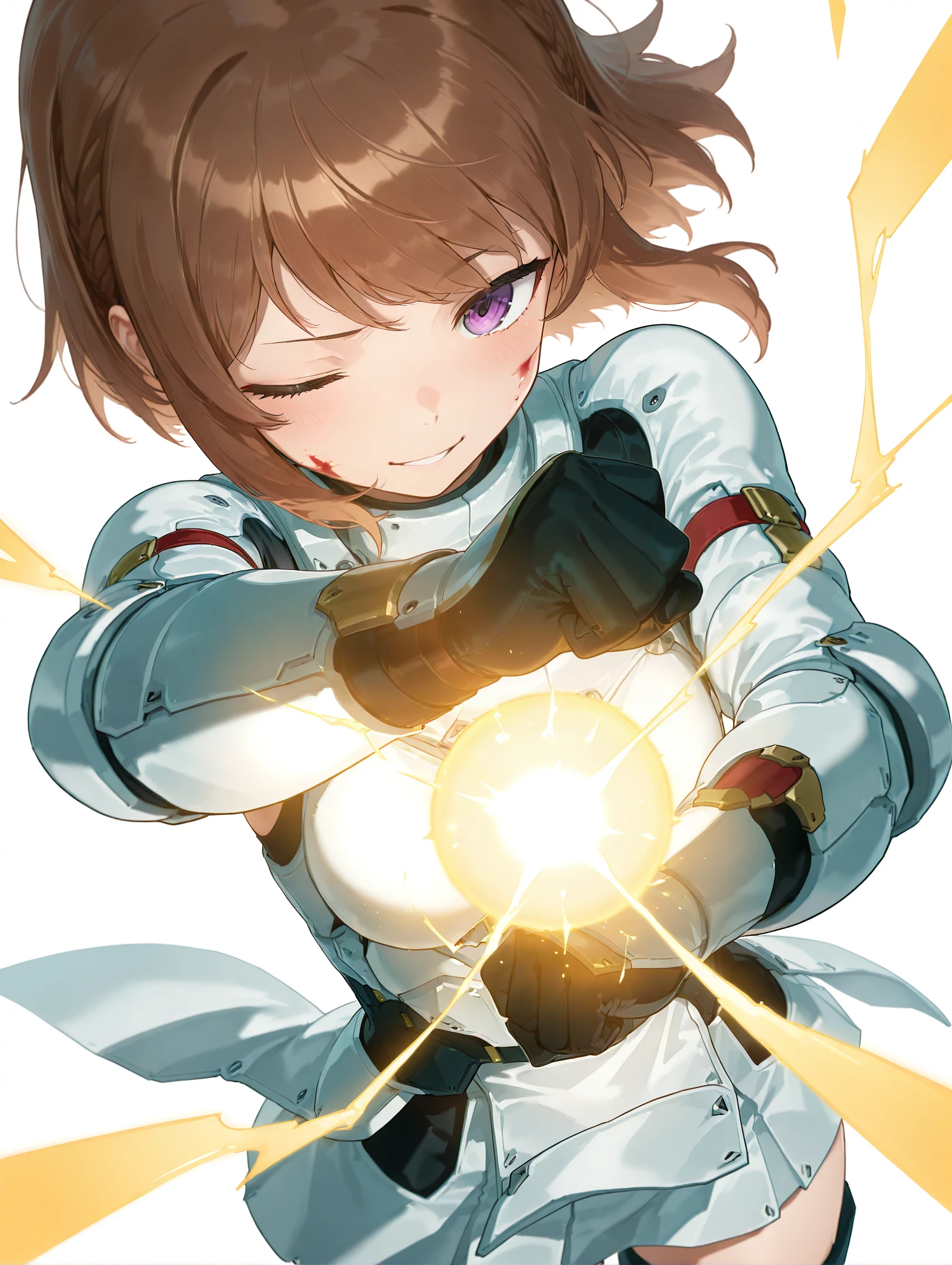 masterpiece,best quality,amazing quality,very aesthetic,absurdres,newest,scenery,
<lora:shiina_ilxl_v1.2:1>,shiina,short hair,brown hair,purple eyes,
shiina,short hair,brown hair,purple eyes,futumushi,gloves,armor,white skirt,lighting,lightning,magic,fist,clenched fist,close both eyes,eye closed,raised eyebrow,light_blush,outstretched arm(s),clenched hand,cowboy_shot,standing,laughing,front view,sleep,repetition,blood on my cheek,blood on fist,
<lora:Fixhands_anime_bdsqlsz_V1:1>,dynamic_angle,cinematic_angle,looking_at_viewer,simple_background,white_background,face_focus,smile,light_blush,parted lips,
masterpiece,best quality,amazing quality,very aesthetic,absurdres,newest,scenery,