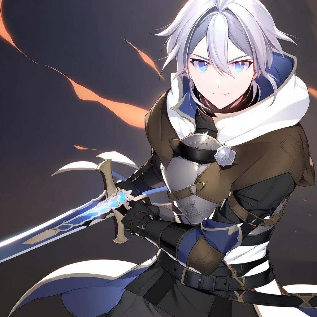 ras, 1boy, male focus, solo, white hair, short hair, light skin, blue eyes, white high collar hood, hood down, brown and silver mantle, steel breastplate, brown blue and black gloves, smile, holding sword, black belts